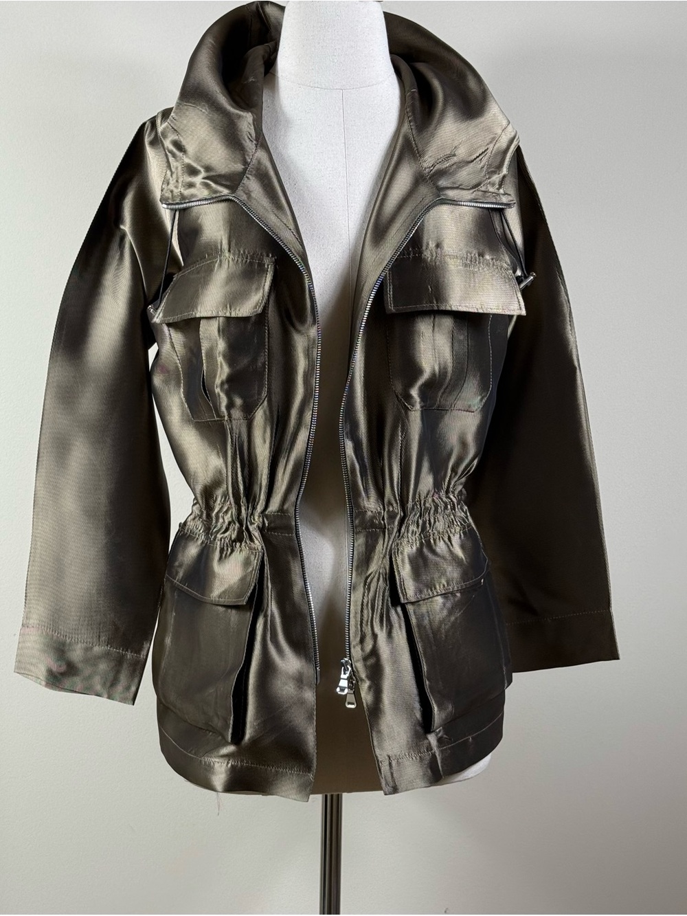 Acadēmia Metallic Bronze Hooded Utility Jacket 36 — Zipper Repair Needed NWOT